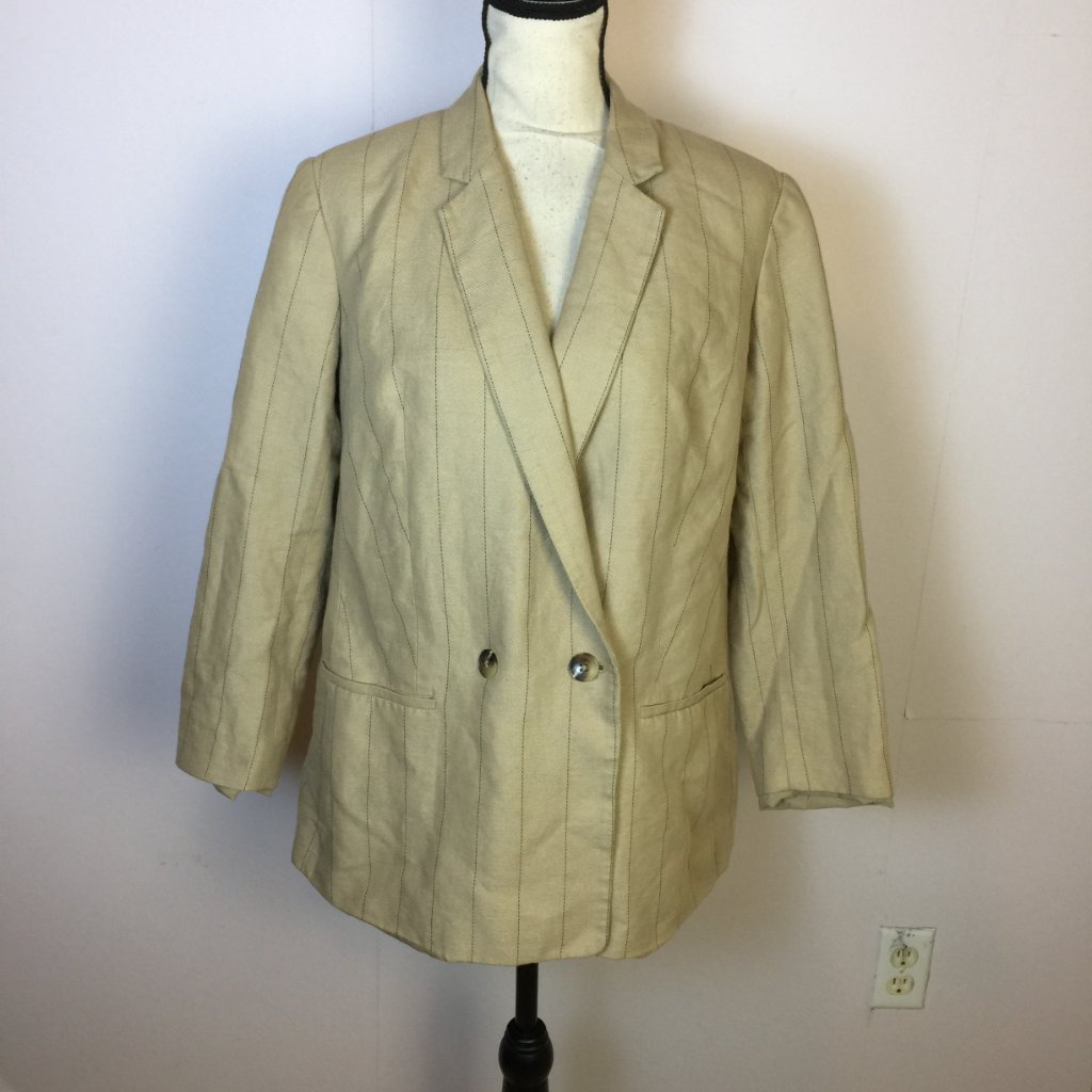 Express Blazer Jacket Size L Womans Beige Striped Double Breasted Linen Blend